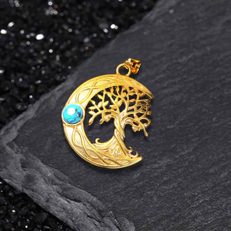 Moon Tree of Life Turquoise Stainless Steel Pendant