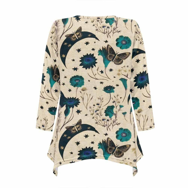 Moonlit Garden Moths Floral V-Neck Irregular Hem Top