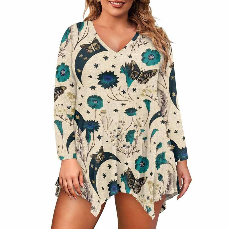 Moonlit Garden Moths Floral V-Neck Irregular Hem Top