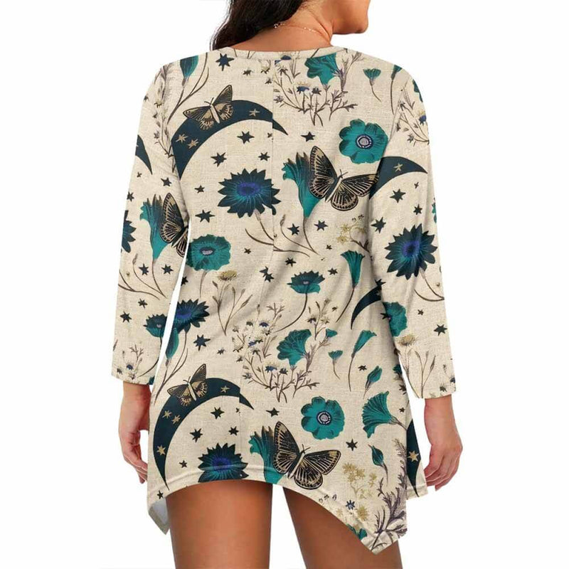 Moonlit Garden Moths Floral V-Neck Irregular Hem Top