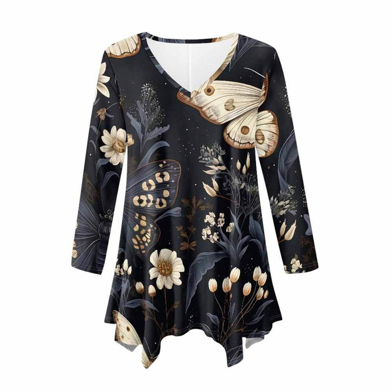 Moths Magic Floral Night V-Neck Irregular Hem Top 03 | Gthic.com