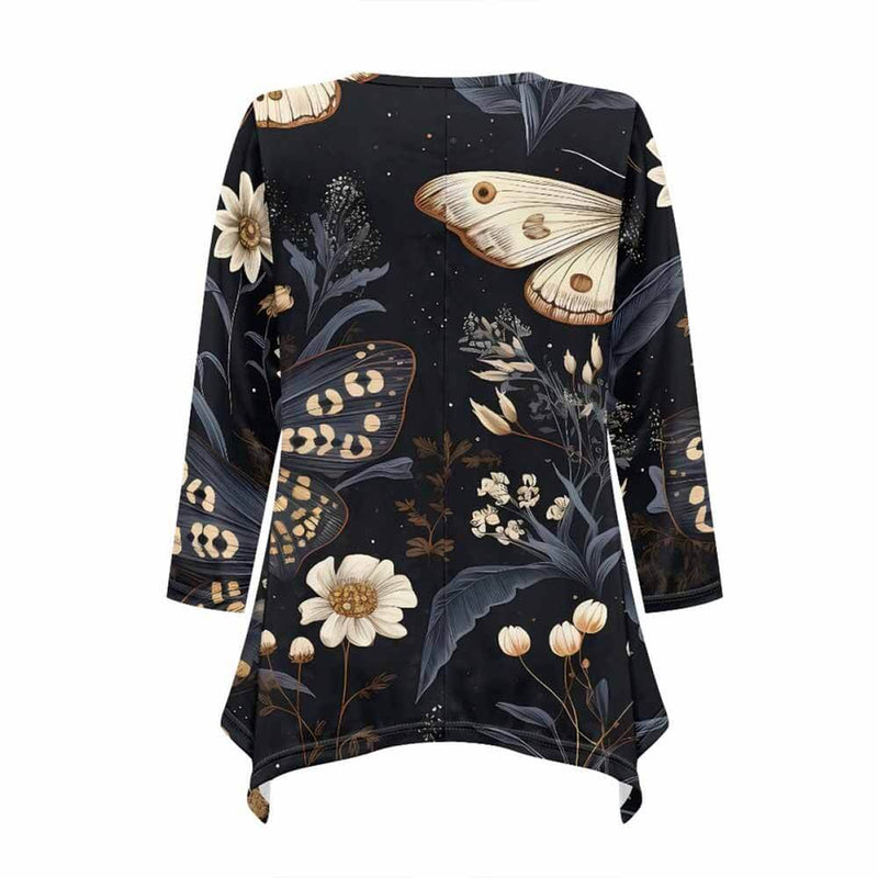 Moths Magic Floral Night V-Neck Irregular Hem Top