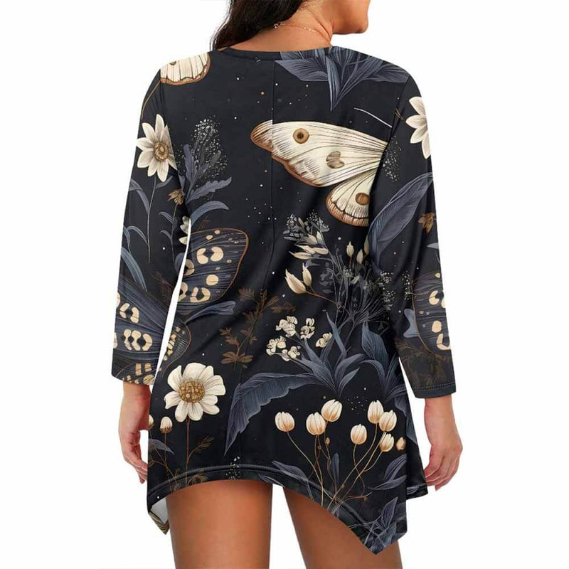 Moths Magic Floral Night V-Neck Irregular Hem Top