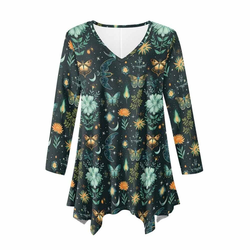 Moths Mystical Night V-Neck Irregular Hem Top 03 | Gthic.com