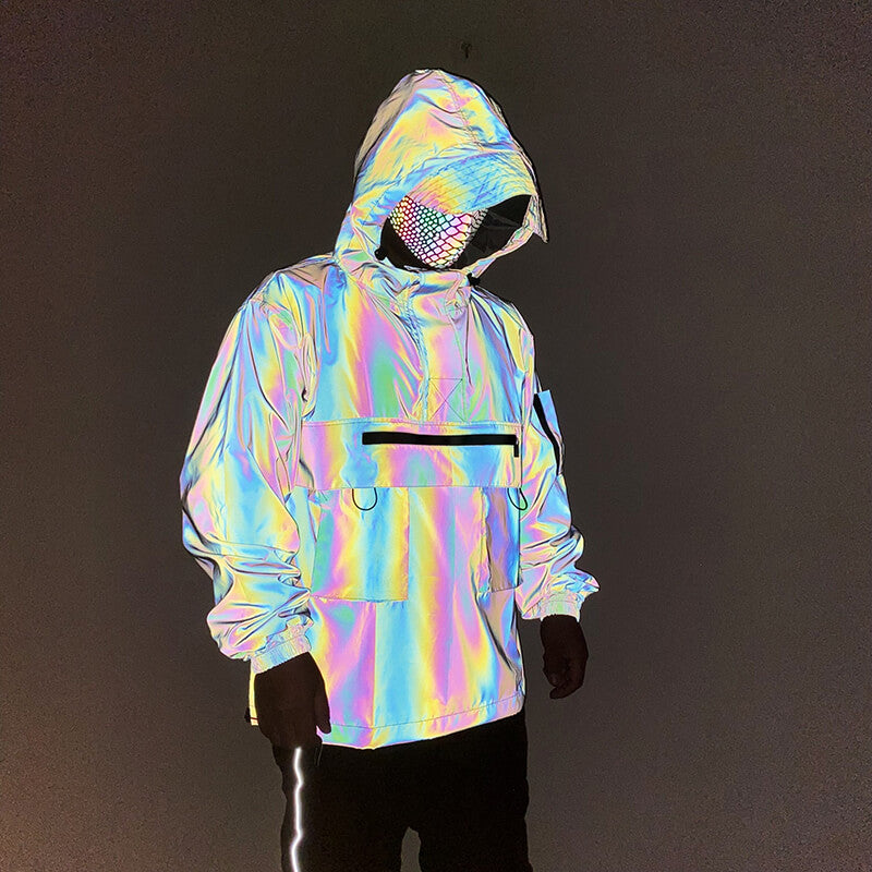 Multi-Pocket Colorful Reflective Polyester Hooded Jacket | Gthic.com