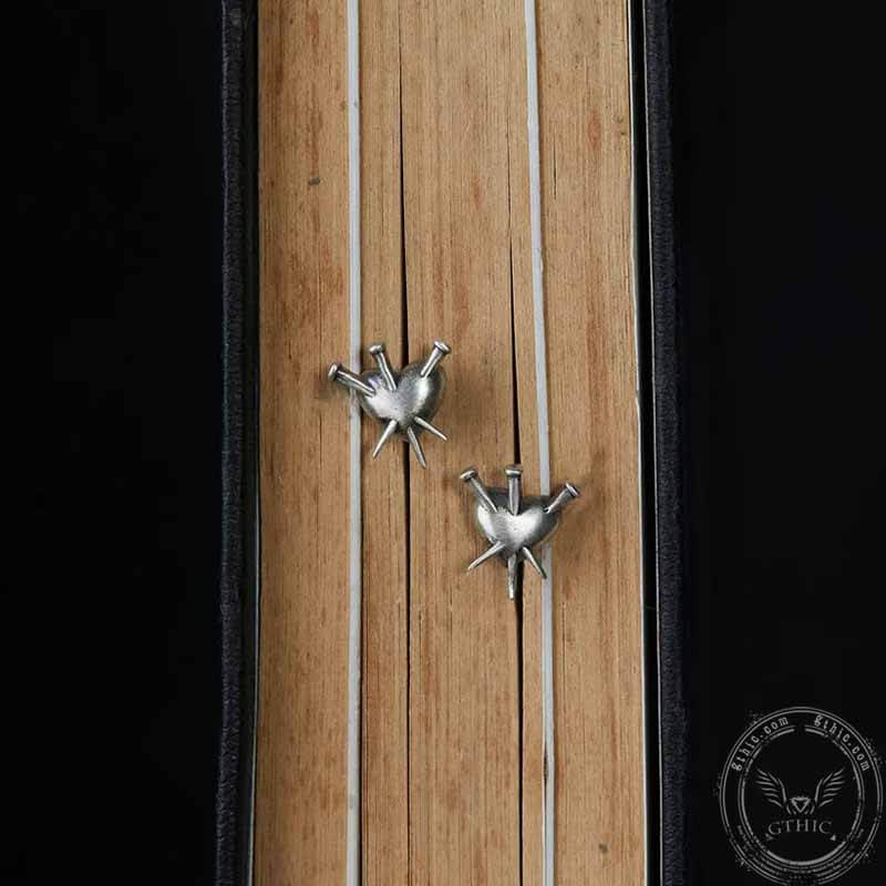 Nailed Piercing Heart Sterling Silver Stud Earrings | Gthic.com