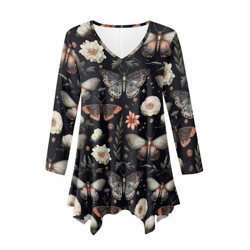 Night Moths And Flowers V-Neck Irregular Hem Top 03 | Gthic.com