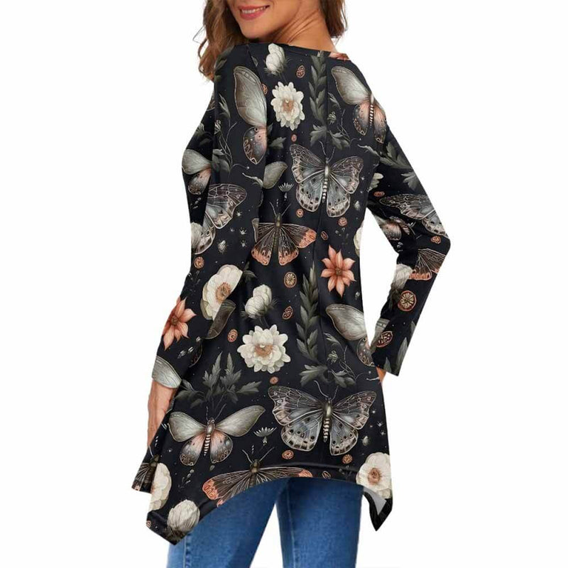 Night Moths And Flowers V-Neck Irregular Hem Top 02 | Gthic.com