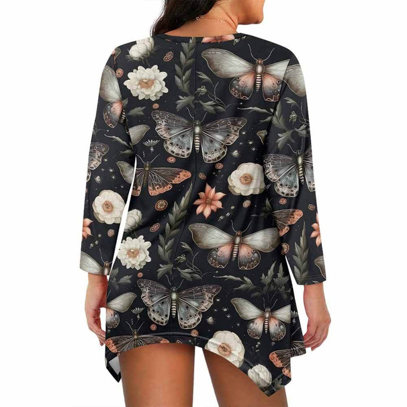 Night Moths And Flowers V-Neck Irregular Hem Top