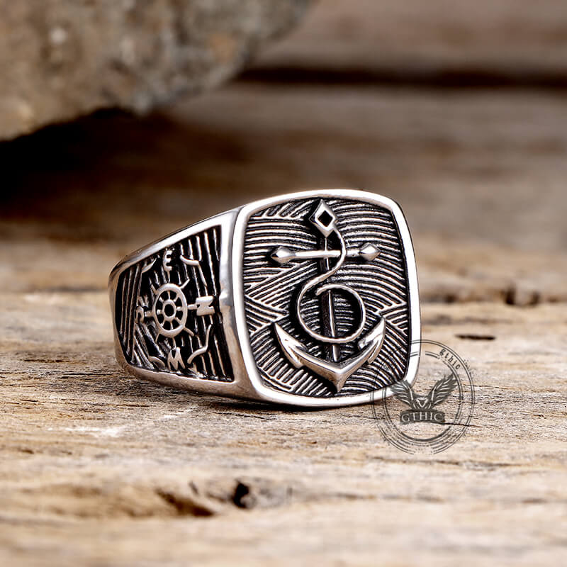 Nordic Anchor Compass Stainless Steel Ring | Gthic.com