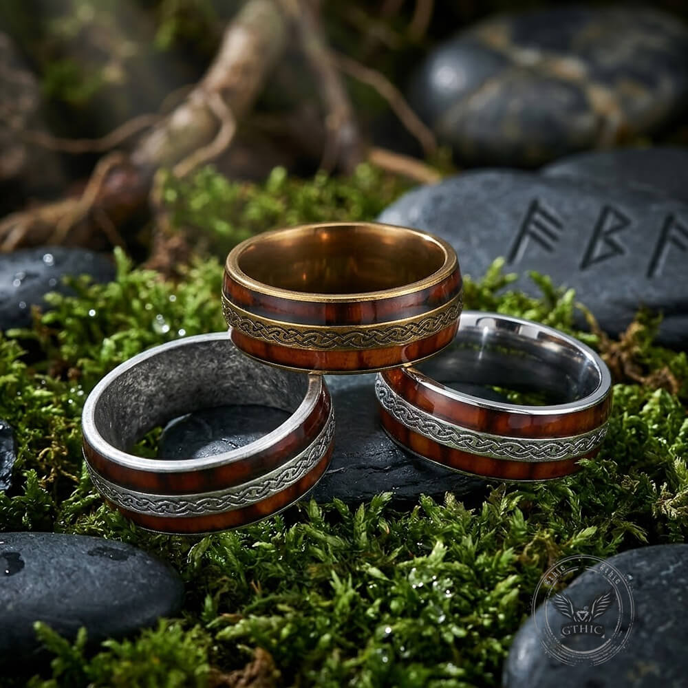 Nordic Celtic Knot Wood Grain Stainless Steel Ring | Gthic.com