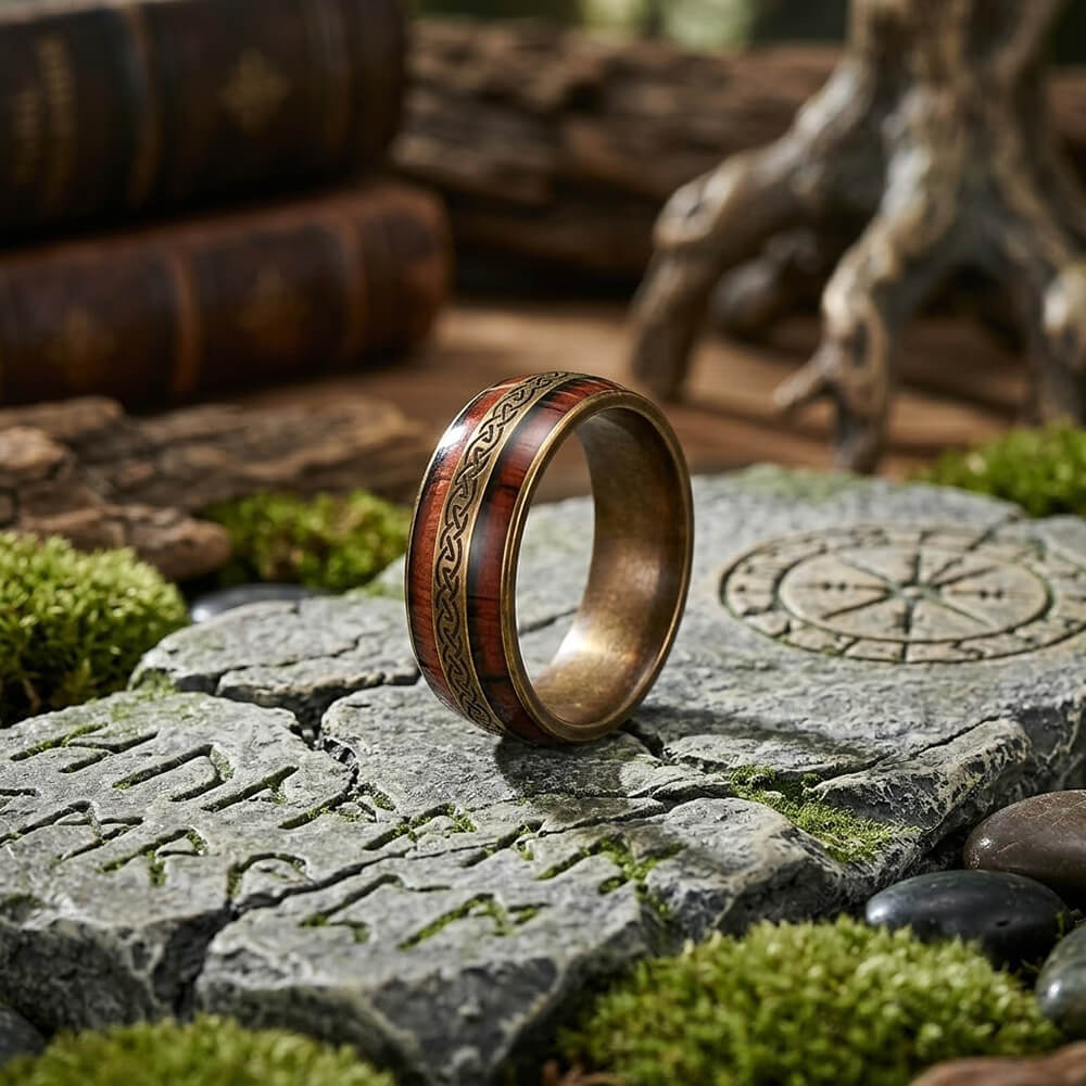 Nordic Celtic Knot Wood Grain Stainless Steel Ring