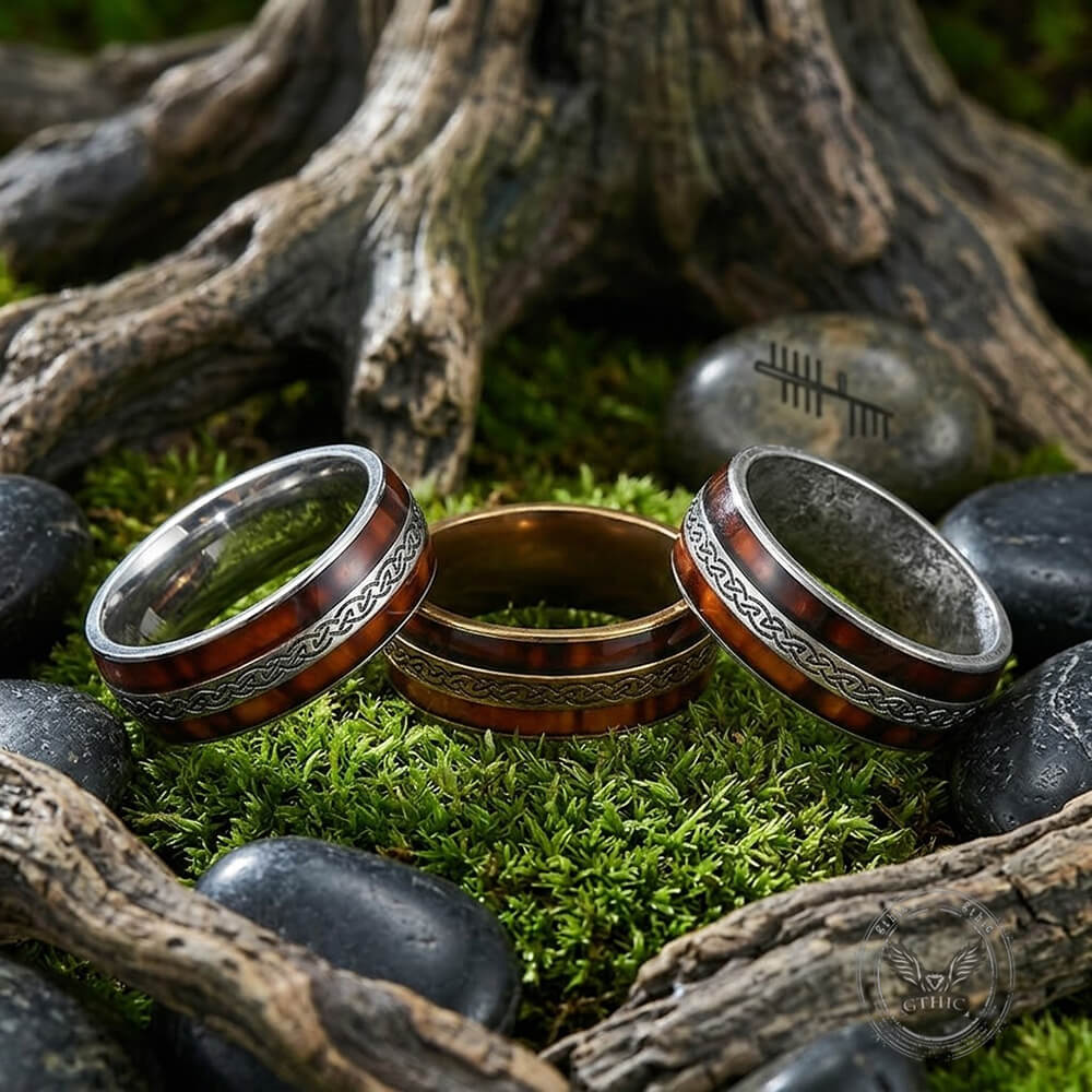 Nordic Celtic Knot Wood Grain Stainless Steel Ring | Gthic.com