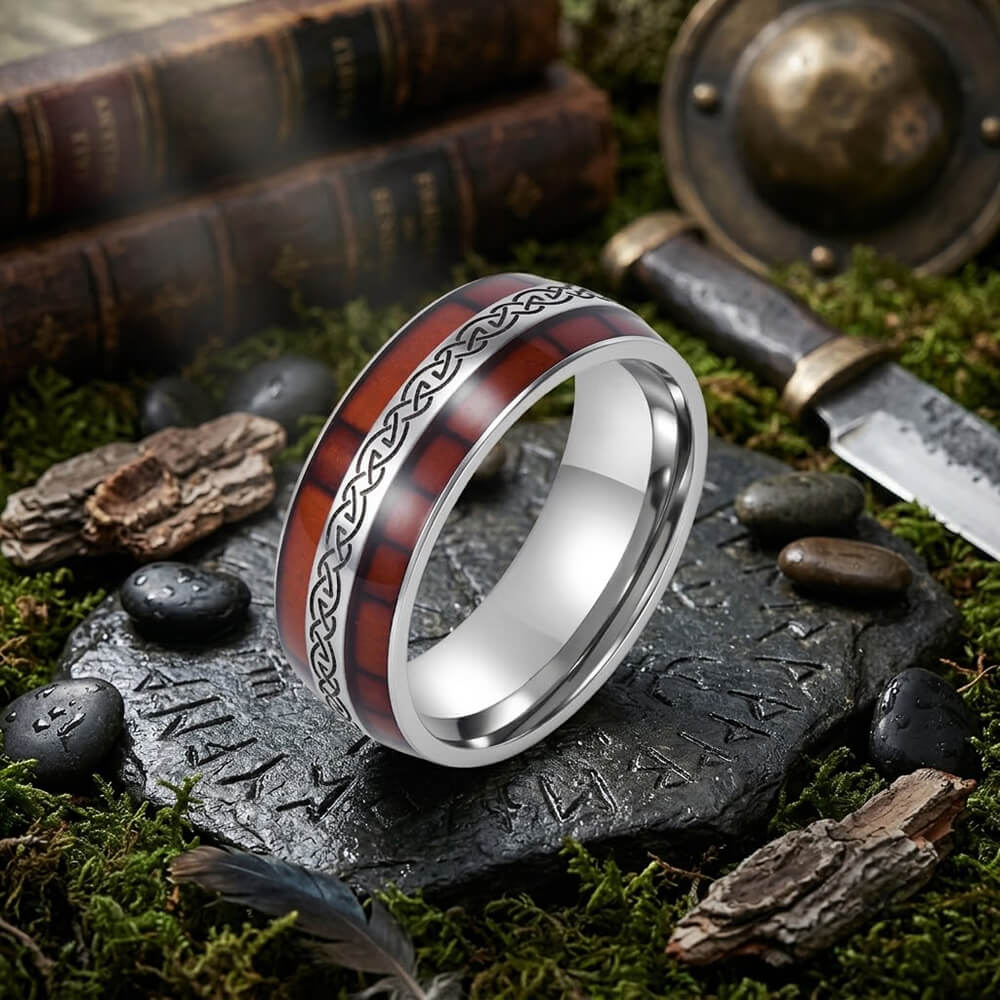 Nordic Celtic Knot Wood Grain Stainless Steel Ring