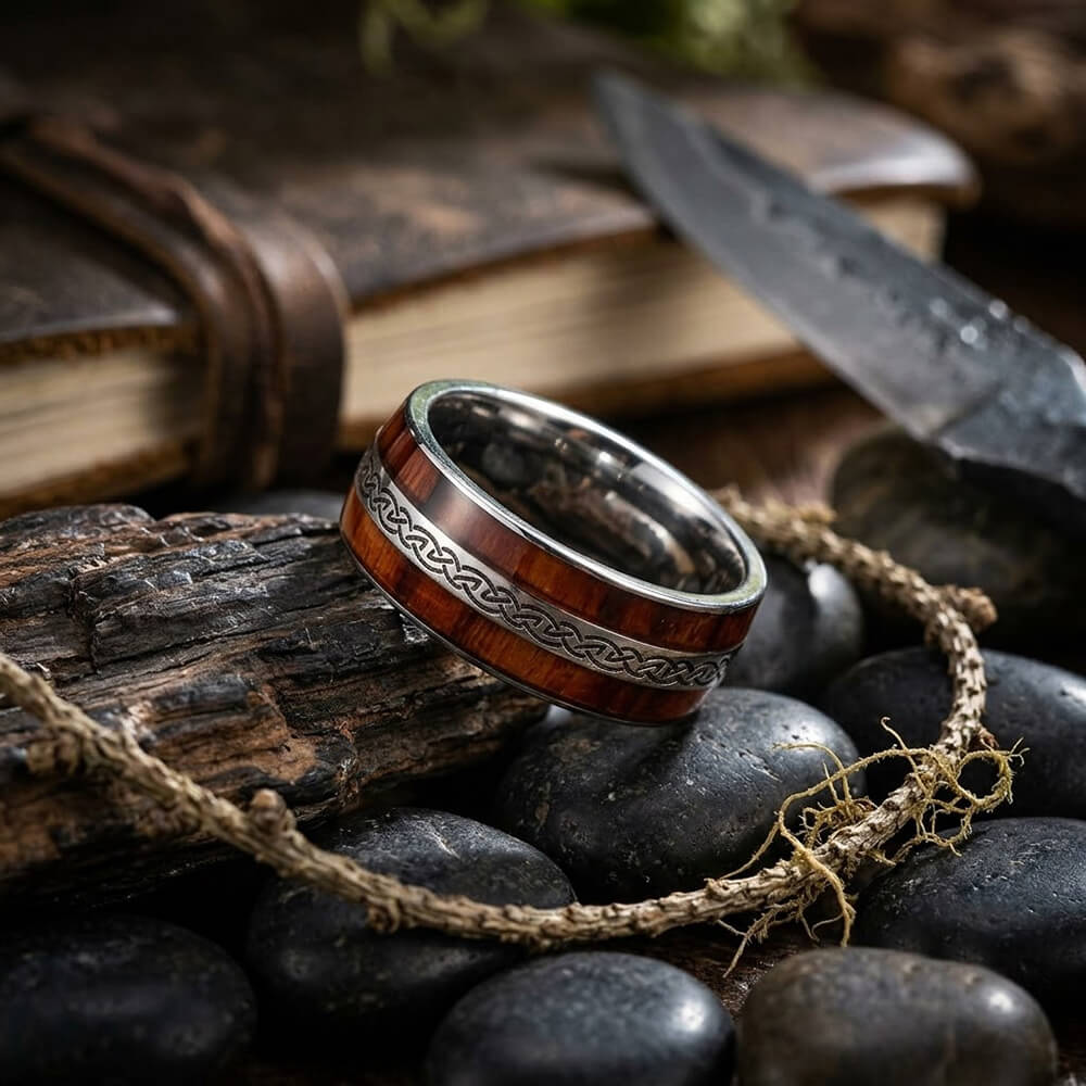 Nordic Celtic Knot Wood Grain Stainless Steel Ring