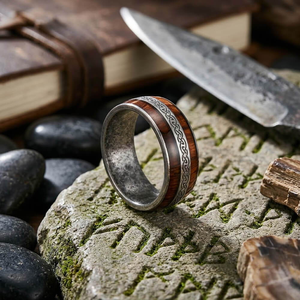 Nordic Celtic Knot Wood Grain Stainless Steel Ring