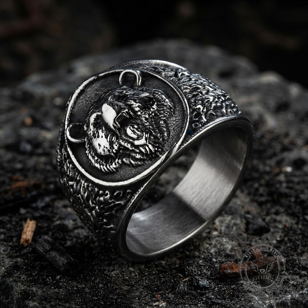 Nordic Roaring Bear Head Stainless Steel Rugged Ring | Gthic.com