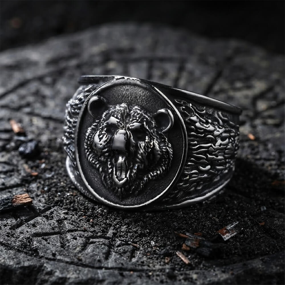 Nordic Roaring Bear Head Stainless Steel Rugged Ring | Gthic.com