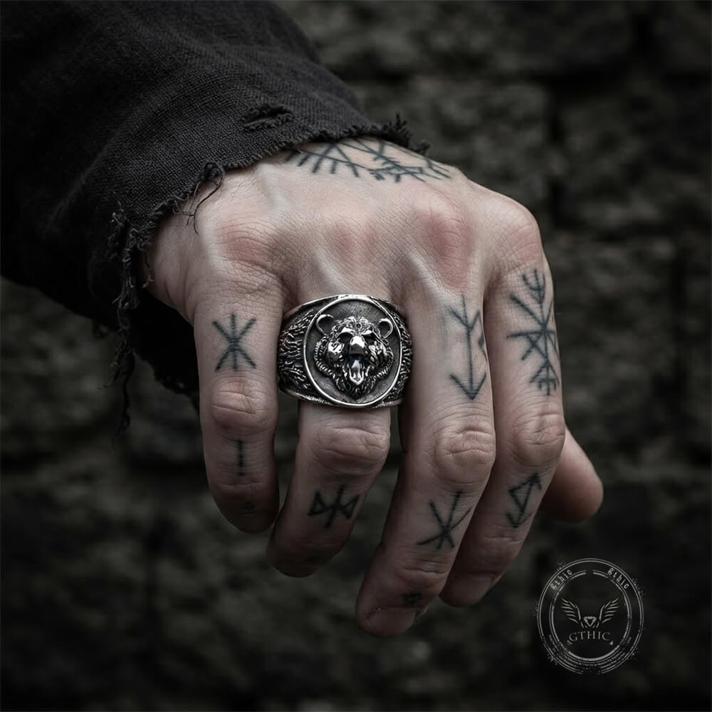 Nordic Roaring Bear Head Stainless Steel Rugged Ring | Gthic.com