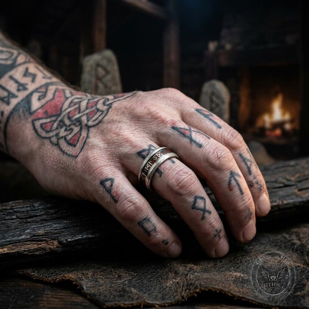Nordic Runes Stainless Steel Viking Wood Band Ring | Gthic.com