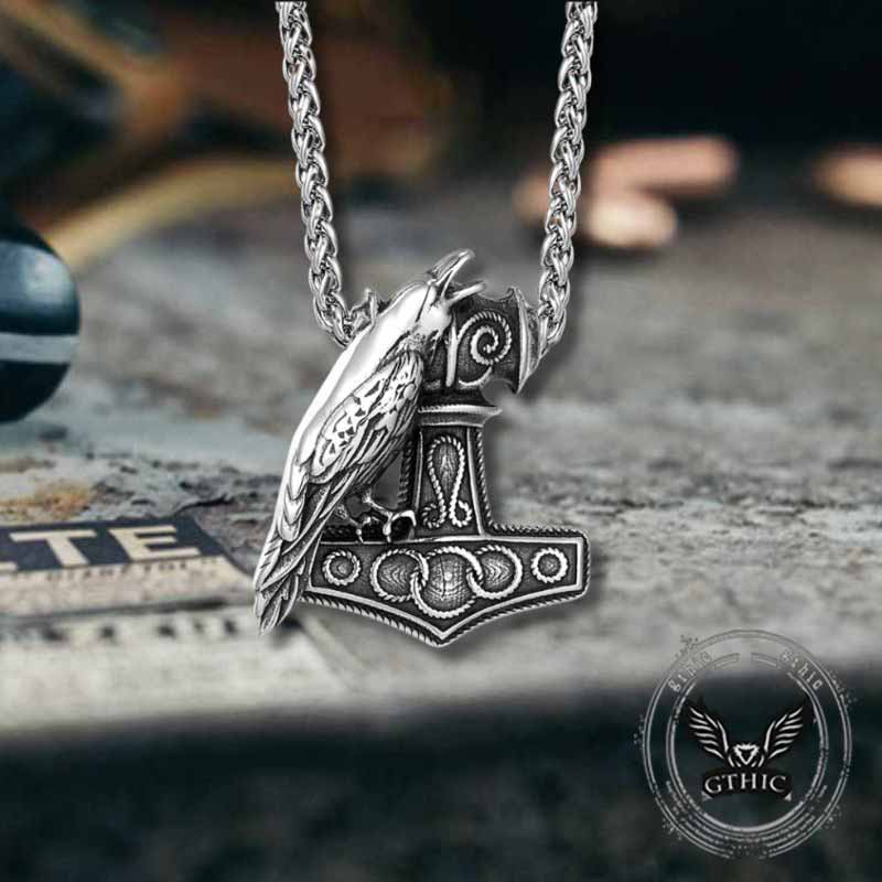 Nordic Thor's Hammer Raven Stainless Steel Pendant 01 | Gthic.com