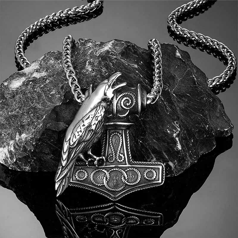 Nordic Thor's Hammer Raven Stainless Steel Pendant 02 | Gthic.com