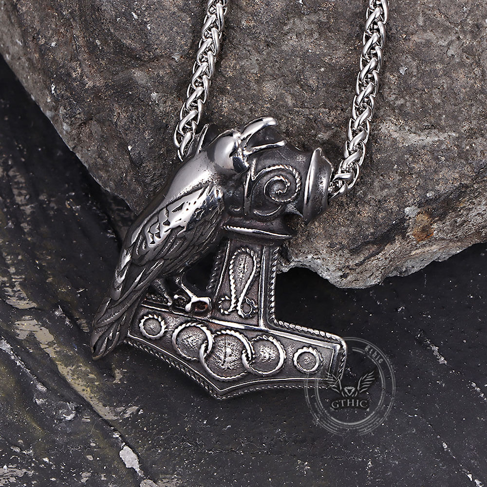 Nordic Thor's Hammer Raven Stainless Steel Pendant | Gthic.com