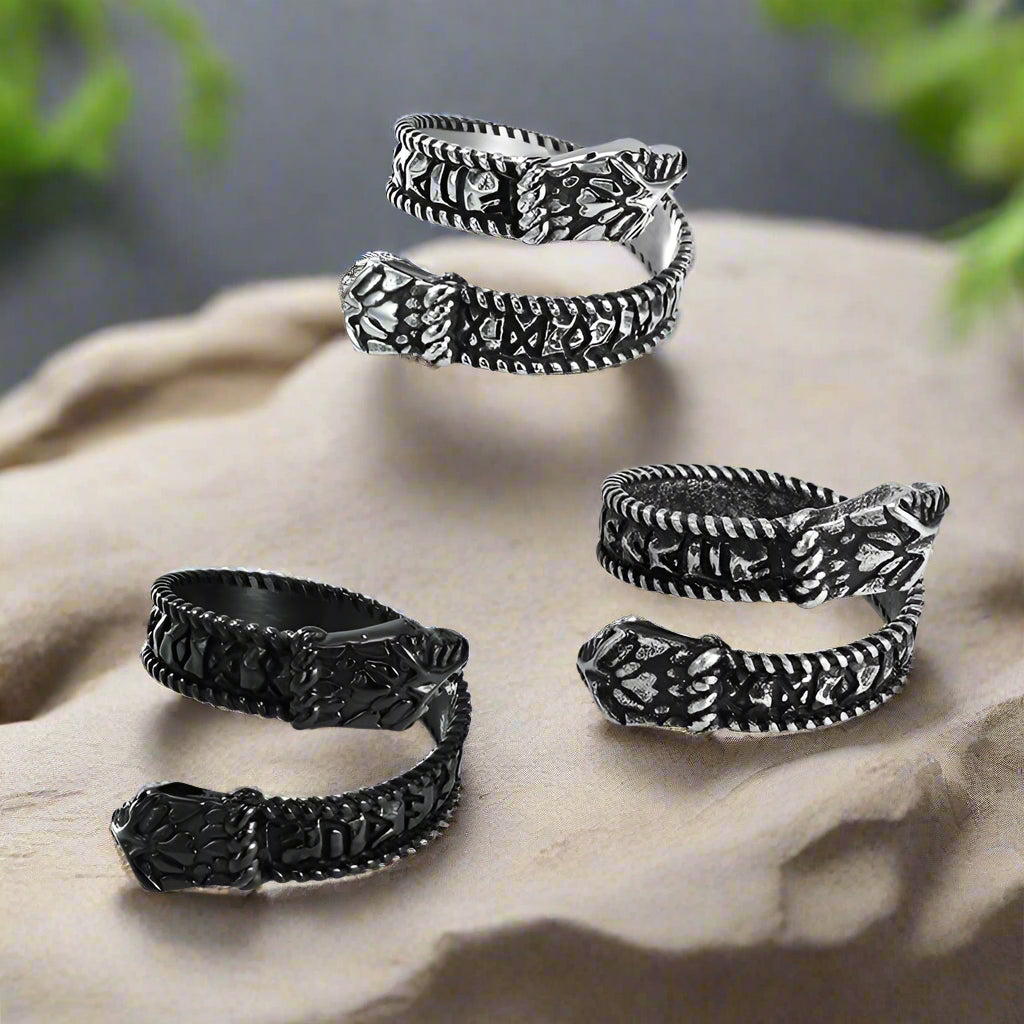 Nordic Two-Headed Snake Stainless Steel Viking Open Ring | Gthic.com