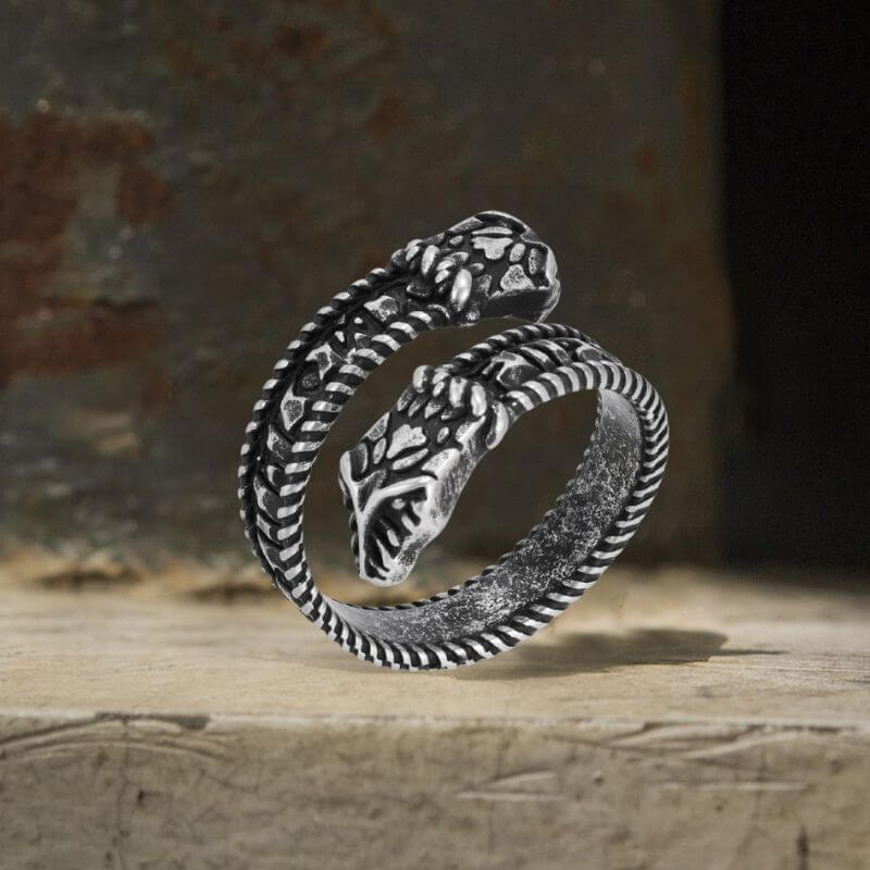 Nordic Two-Headed Snake Stainless Steel Viking Open Ring | Gthic.com