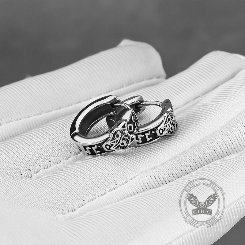 Nordic Wolf Head Stainless Steel Viking Hoop Earrings | Gthic.com