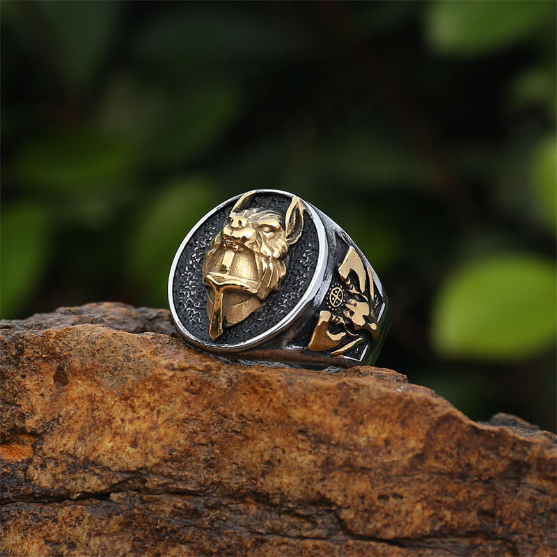 Nordic Wolf Head Warrior Stainless Steel Viking Ring 05 | Gthic.com