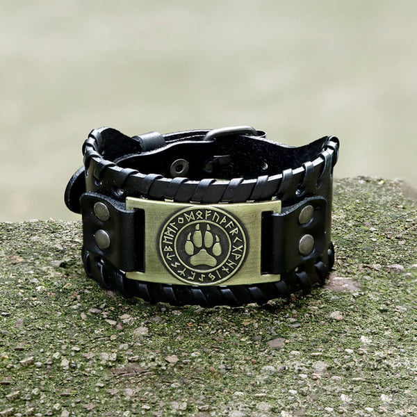 Nordic Wolf Paw Runes Leather Viking Bracelet | Gthic.com