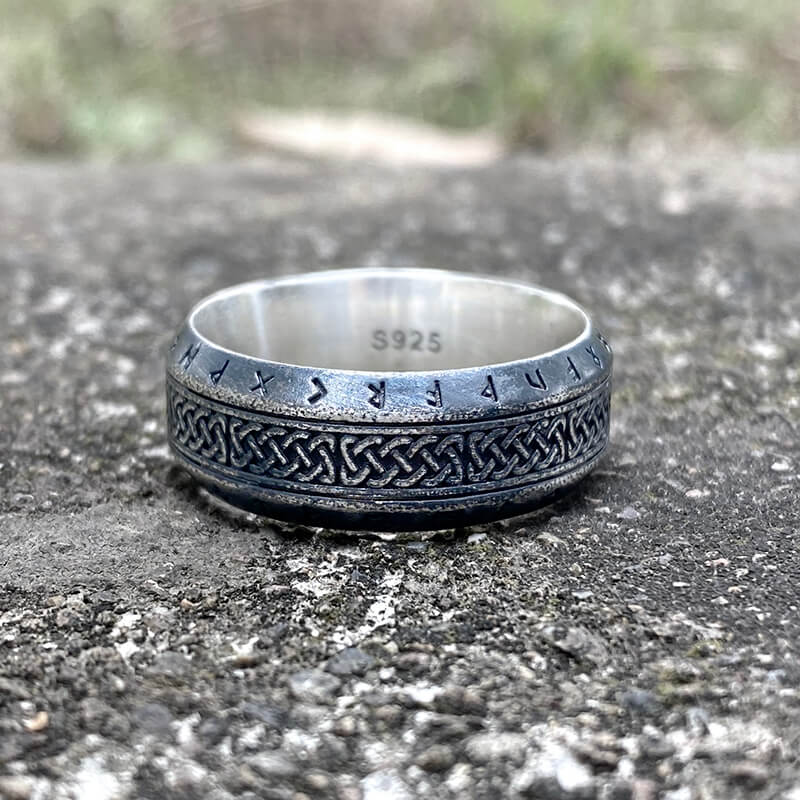 Stainless Steel Greek Band Ring Silver Aztec Geometric Pattern