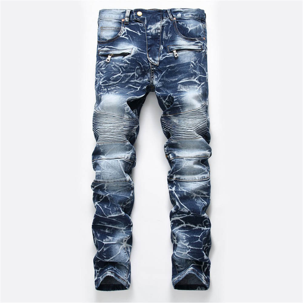 Nostalgia Pleated Elastic Motorcycle Straight Jeans 01 | Gthic.com