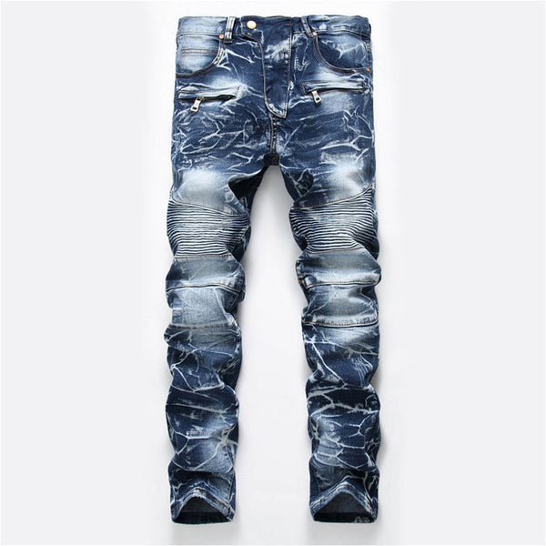 Nostalgia Pleated Elastic Motorcycle Straight Jeans 01 | Gthic.com