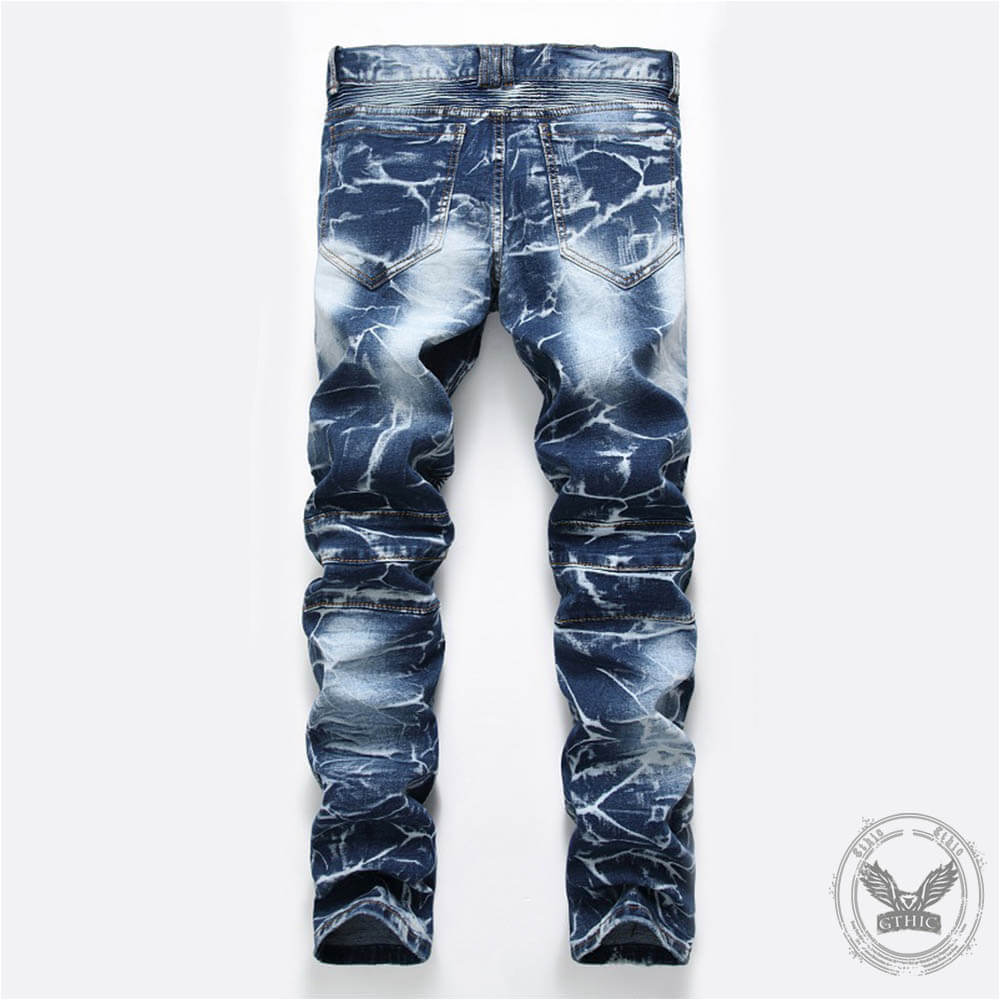 Nostalgia Pleated Elastic Motorcycle Straight Jeans 03 | Gthic.com