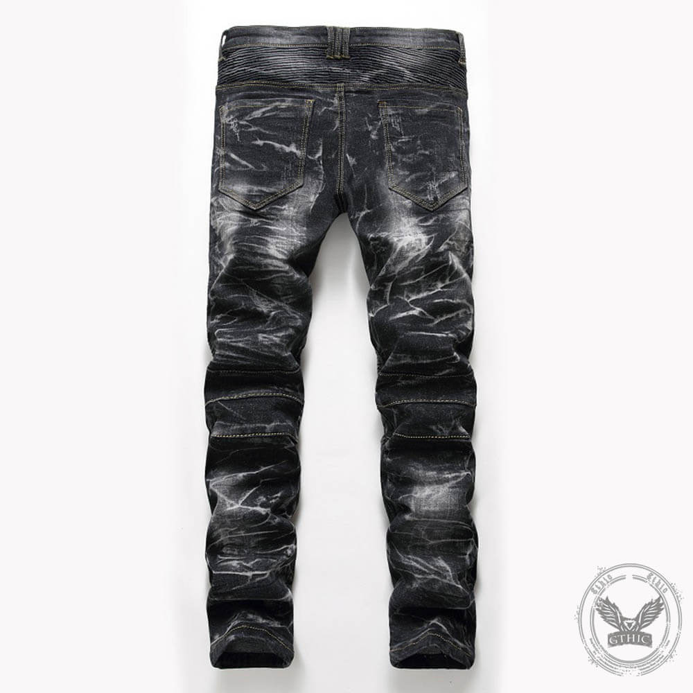 Nostalgia Pleated Elastic Motorcycle Straight Jeans 02 | Gthic.com