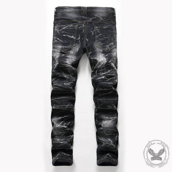 Nostalgia Pleated Elastic Motorcycle Straight Jeans 02 | Gthic.com