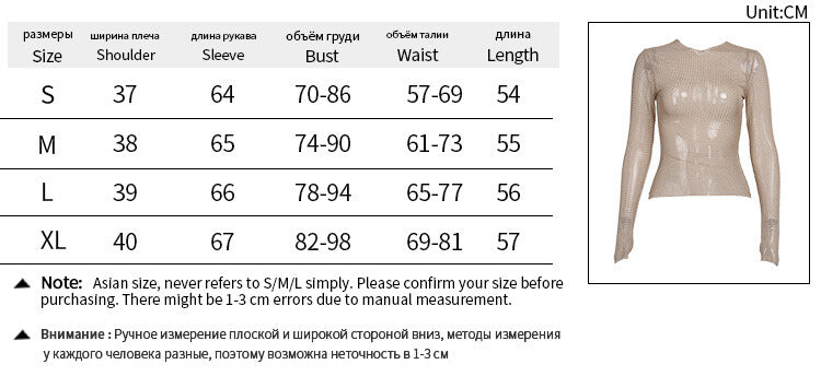 Nude See-Through Mesh Rhinestones Long Sleeve Top