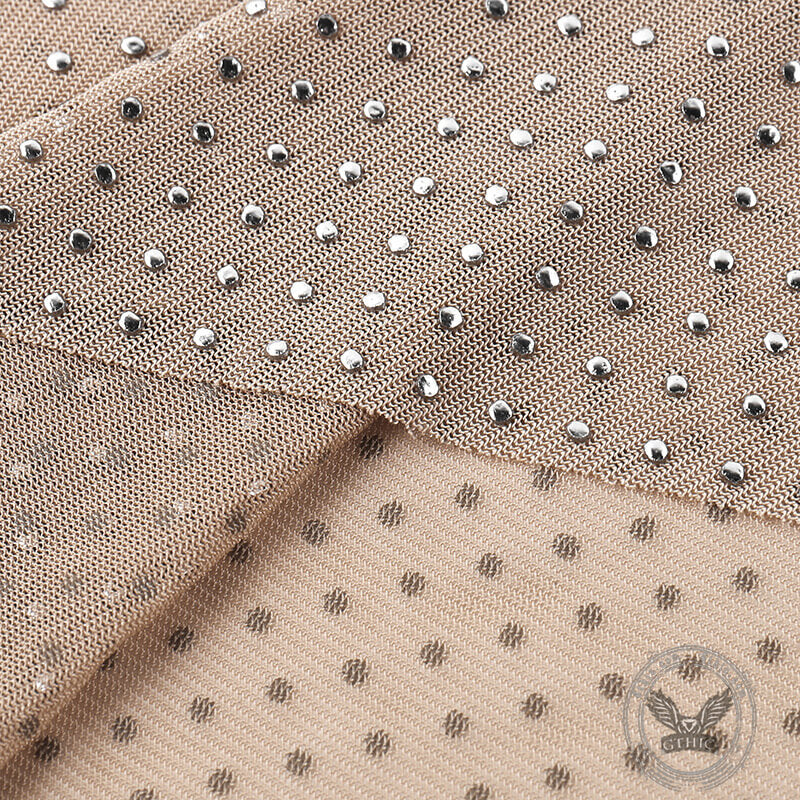 Nude See-Through Mesh Rhinestones Long Sleeve Top