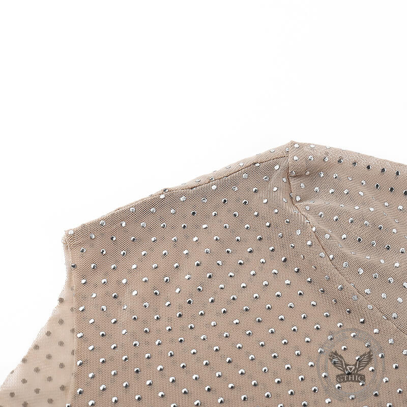 Nude See-Through Mesh Rhinestones Long Sleeve Top