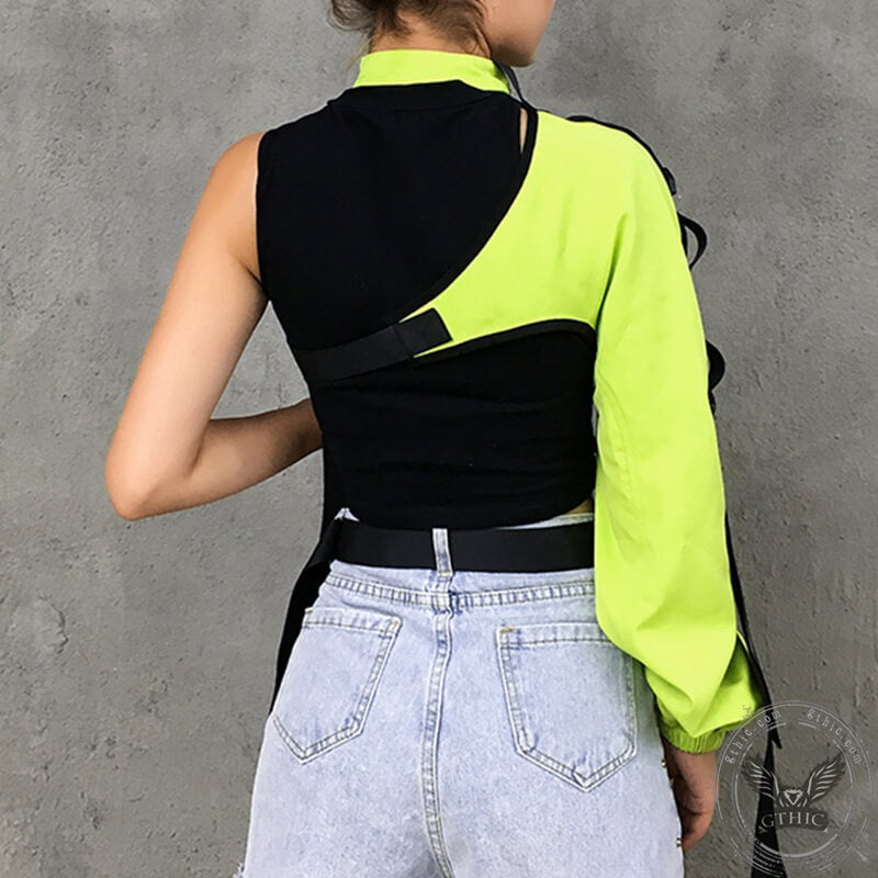 Oblique Shoulder Polyester Crop Top | Gthic.com