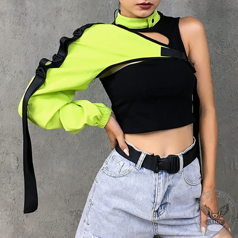 Oblique Shoulder Polyester Crop Top | Gthic.com