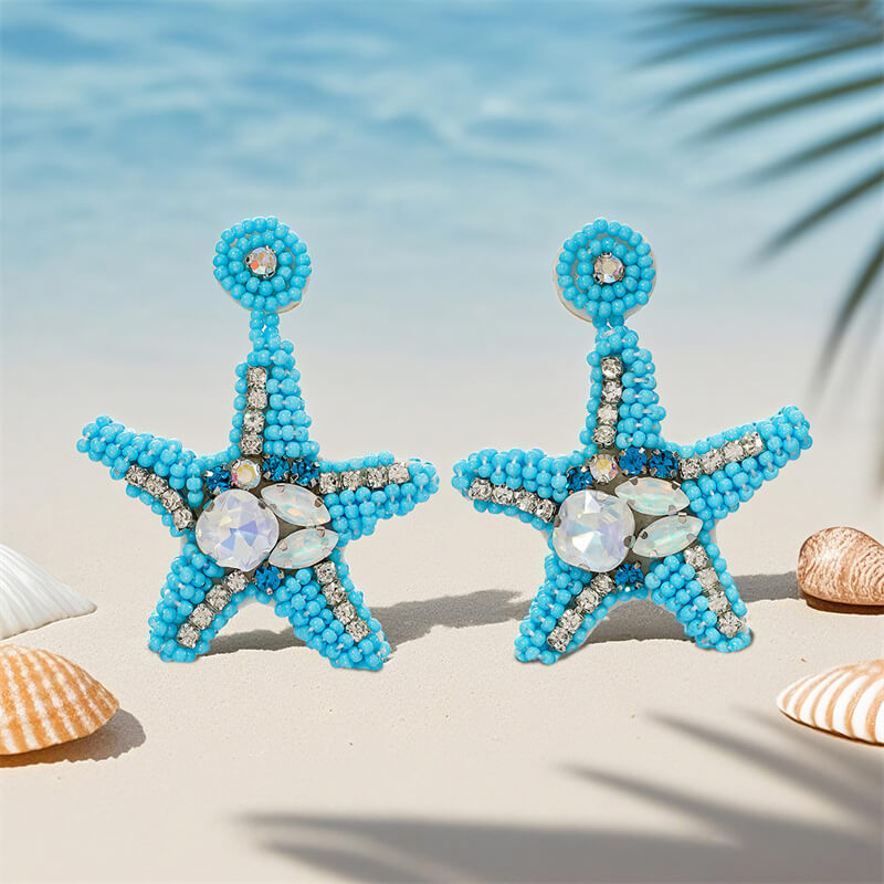 Ocean Style Braided Blue Starfish Rice Bead Earrings 01 | Gthic.com