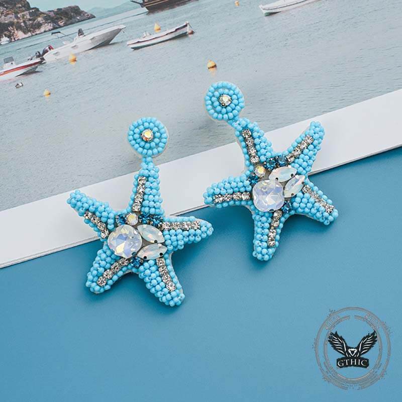 Ocean Style Braided Blue Starfish Rice Bead Earrings 03 | Gthic.com