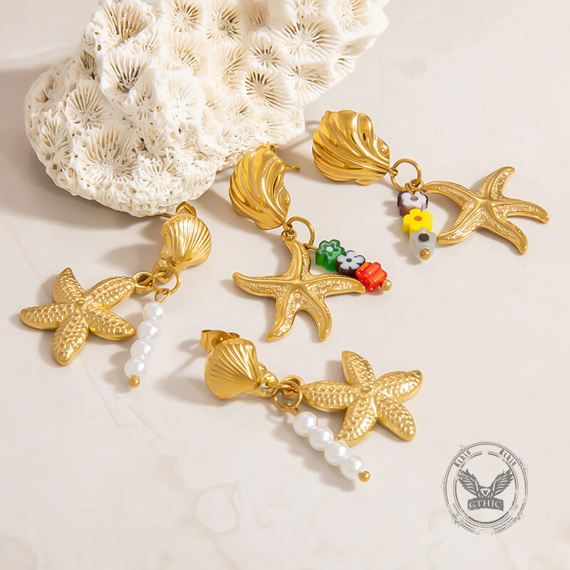 Ocean Style Starfish Shell Stainless Steel Earrings | Gthic.com