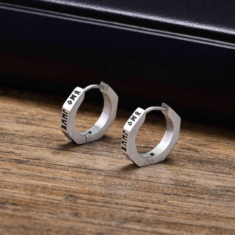 Octagon Viking Runes Stainless Steel Hoop Earrings | Gthic.com