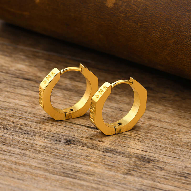 Octagon Viking Runes Stainless Steel Hoop Earrings | Gthic.com