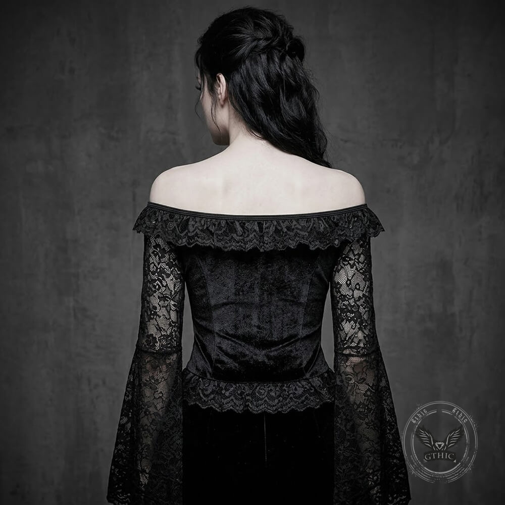 Off-Shoulder Flared Sleeves Slim-Fit Gothic Lace Top | Gthic.com