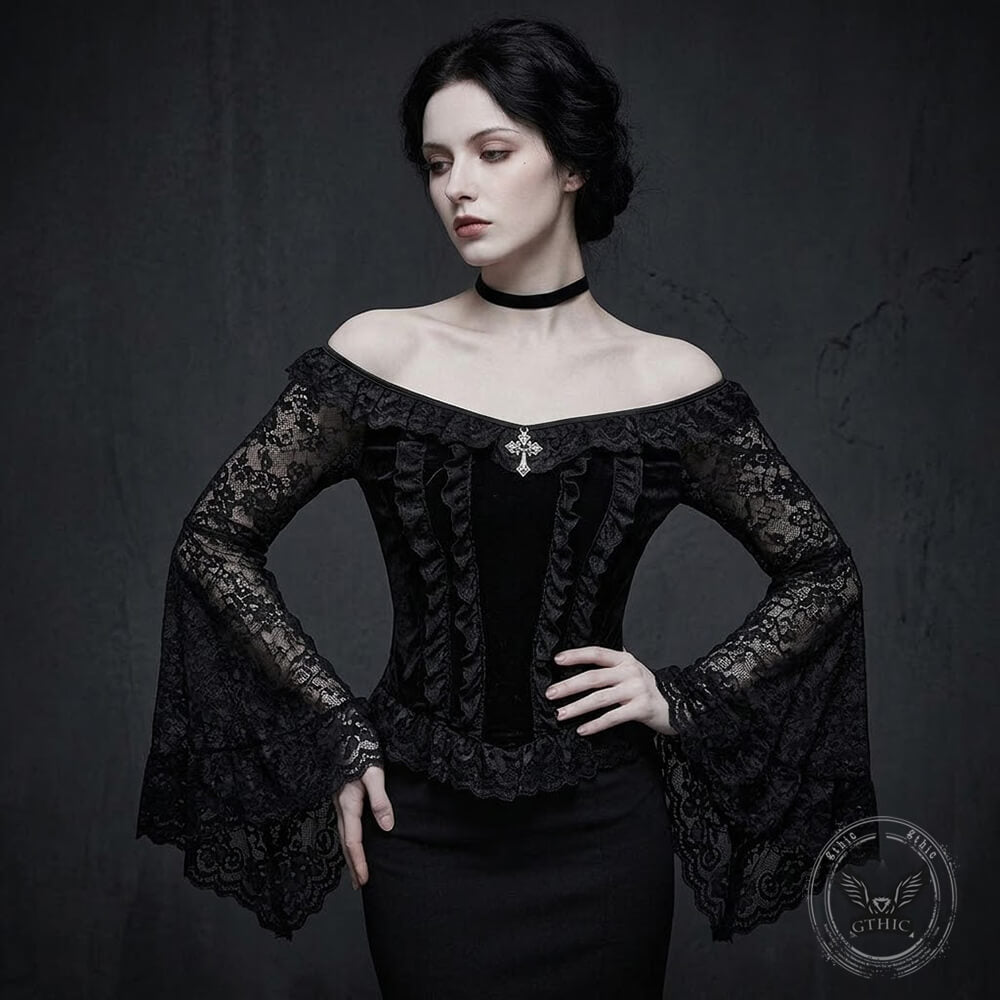 Off-Shoulder Flared Sleeves Slim-Fit Gothic Lace Top | Gthic.com